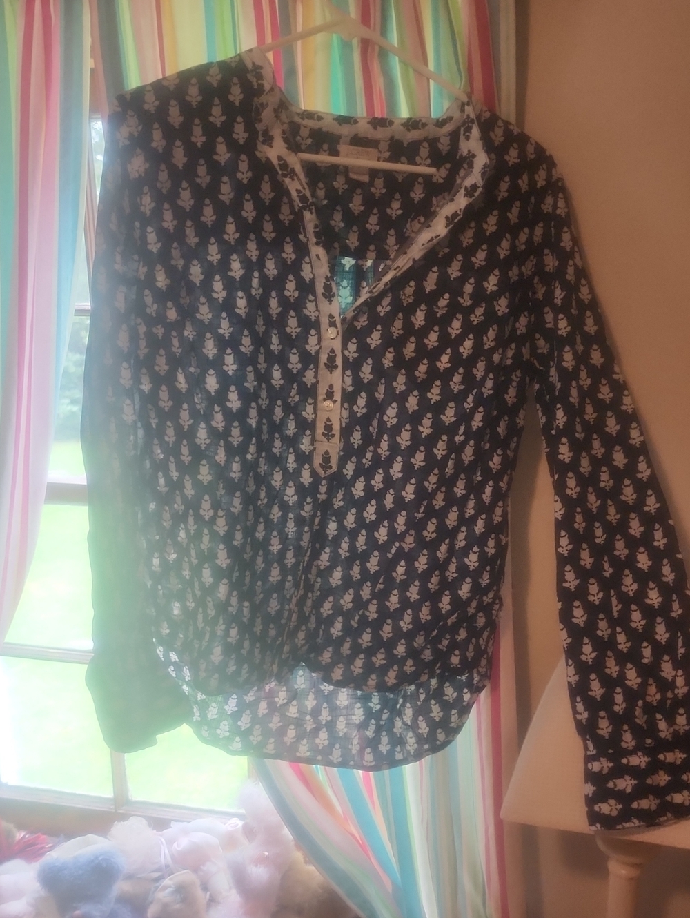 J. Crew Navy Blue Long-Sleeve Henley Blouse with White Floral Print
